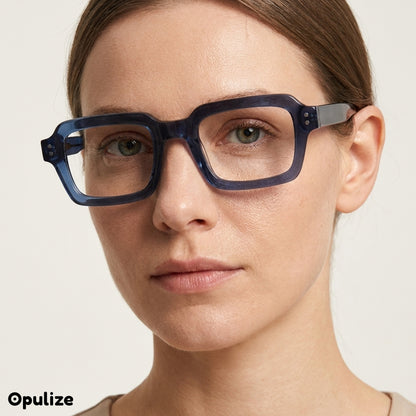 EDG blue light reading glasses in blue, worn by a model