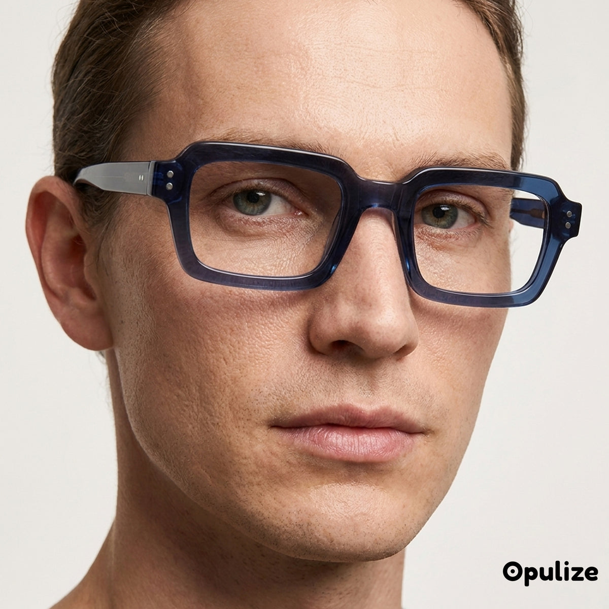 EDG blue light reading glasses in blue, worn by a model