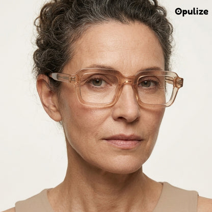 EDG blue light reading glasses in pink, worn by a model