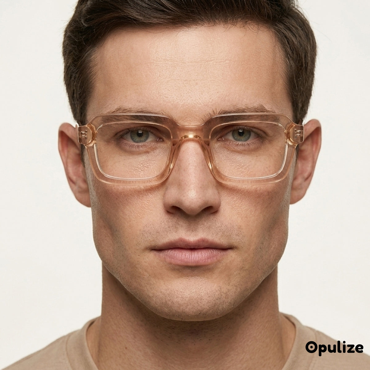 EDG zero strength blue light glasses in pink, worn by a model