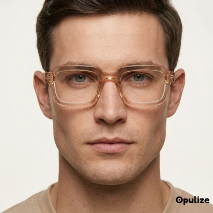 EDG zero strength blue light glasses in pink, worn by a model