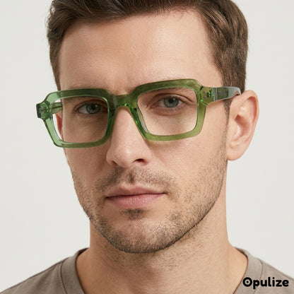 EDG zero strength blue light glasses in green, worn by a model