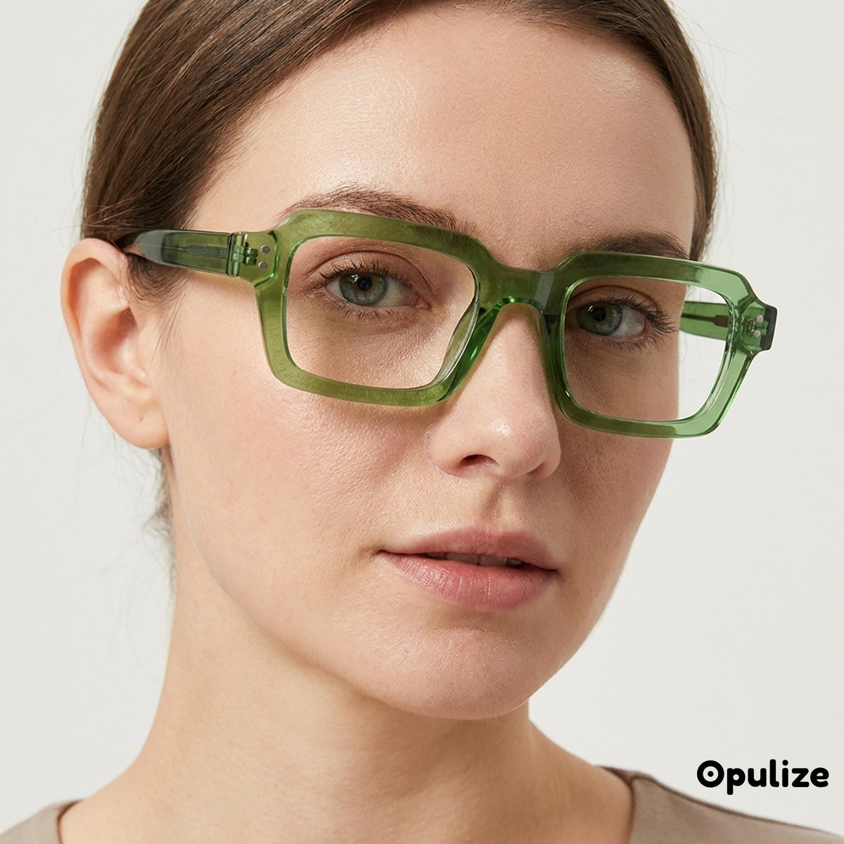 EDG blue light reading glasses in green, worn by a model