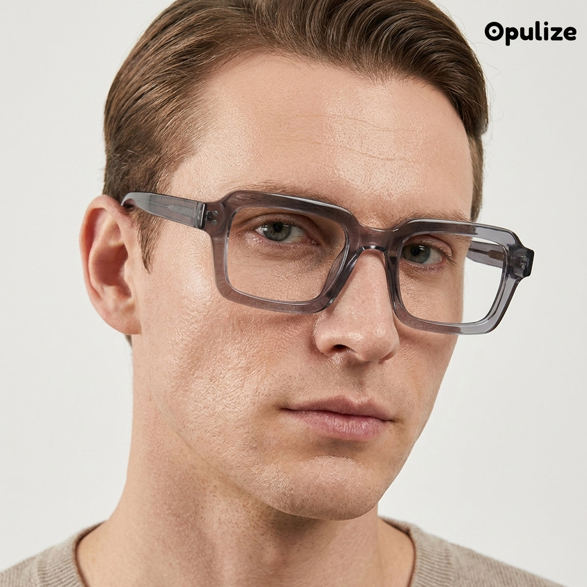 EDG blue light reading glasses in grey, worn by a model