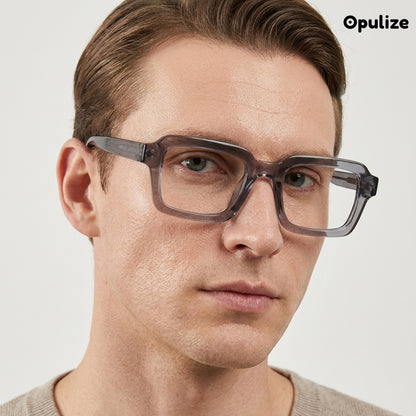 EDG blue light reading glasses in grey, worn by a model