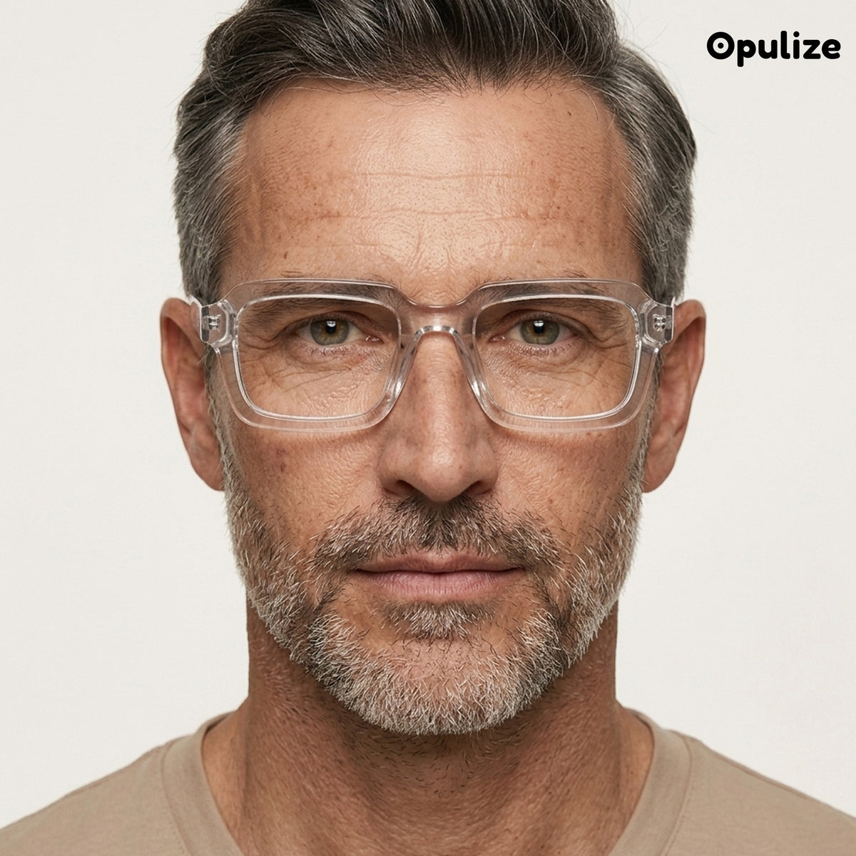 EDG blue light reading glasses in clear, worn by a model