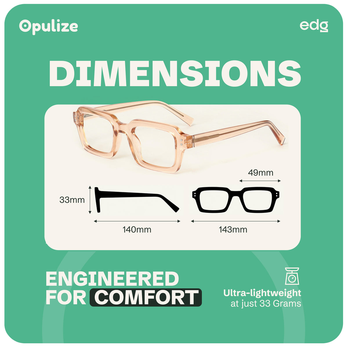 EDG blue light reading glasses by Opulize, with frame dimensions