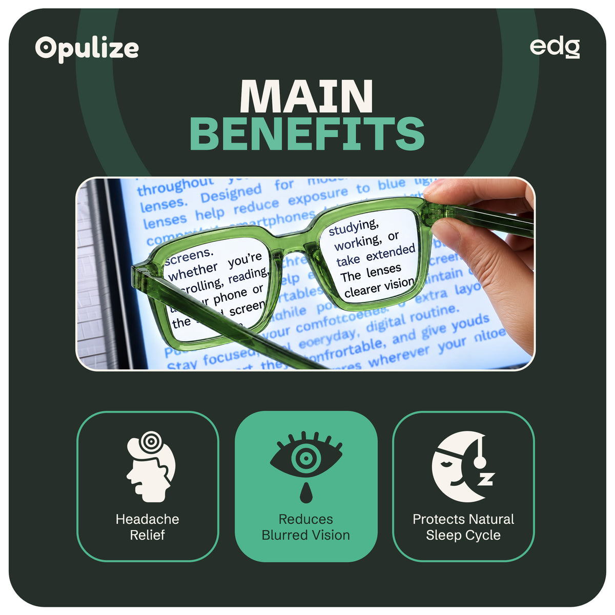 EDG zero strength blue light glasses by Opulize, features infographic