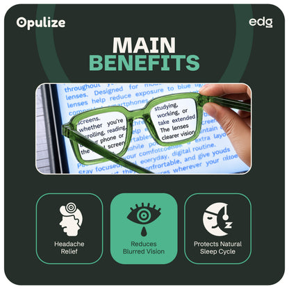EDG zero strength blue light glasses by Opulize, features infographic