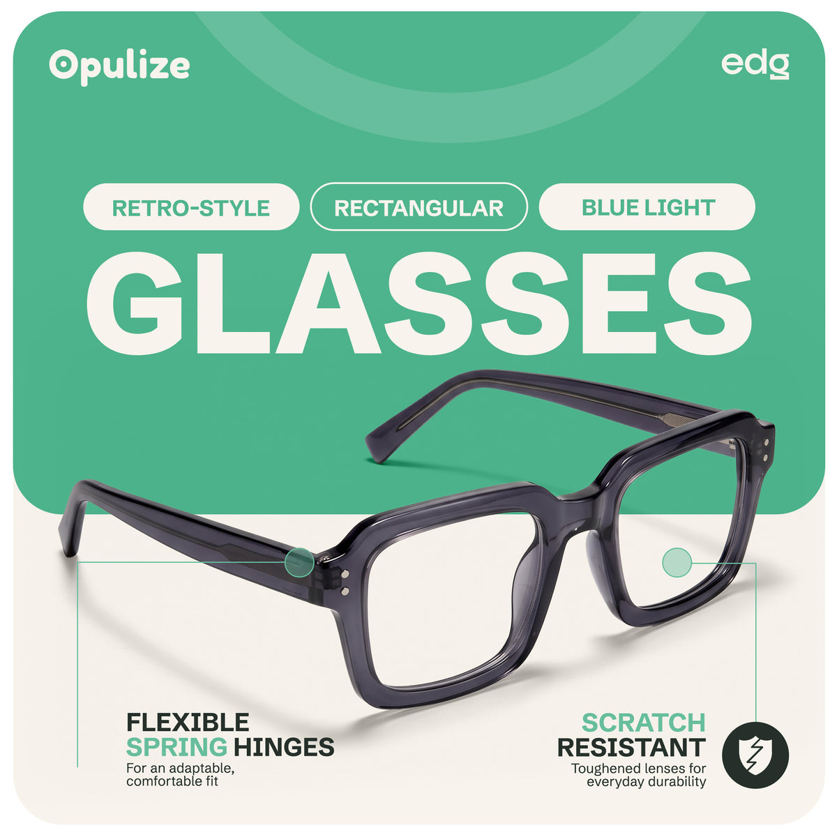 EDG zero strength blue light glasses by Opulize, features infographic