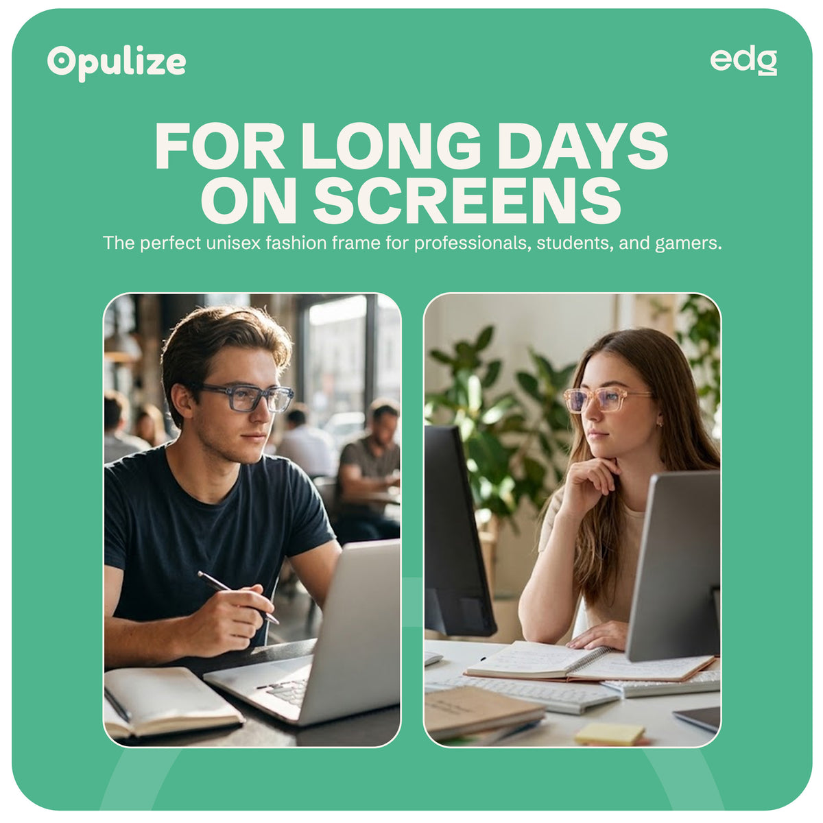 EDG zero strength blue light glasses by Opulize, features infographic