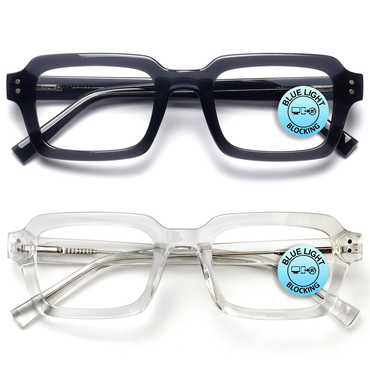 EDG zero strength blue light glasses 2-pack in black and clear