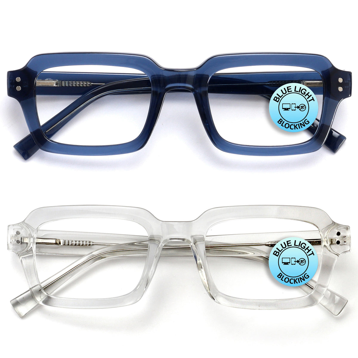 EDG zero strength blue light glasses 2-pack in blue and clear