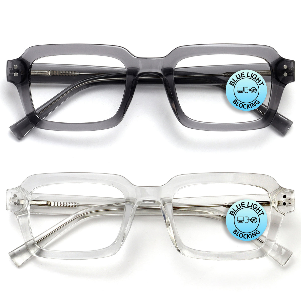 EDG zero strength blue light glasses 2-pack in grey and clear