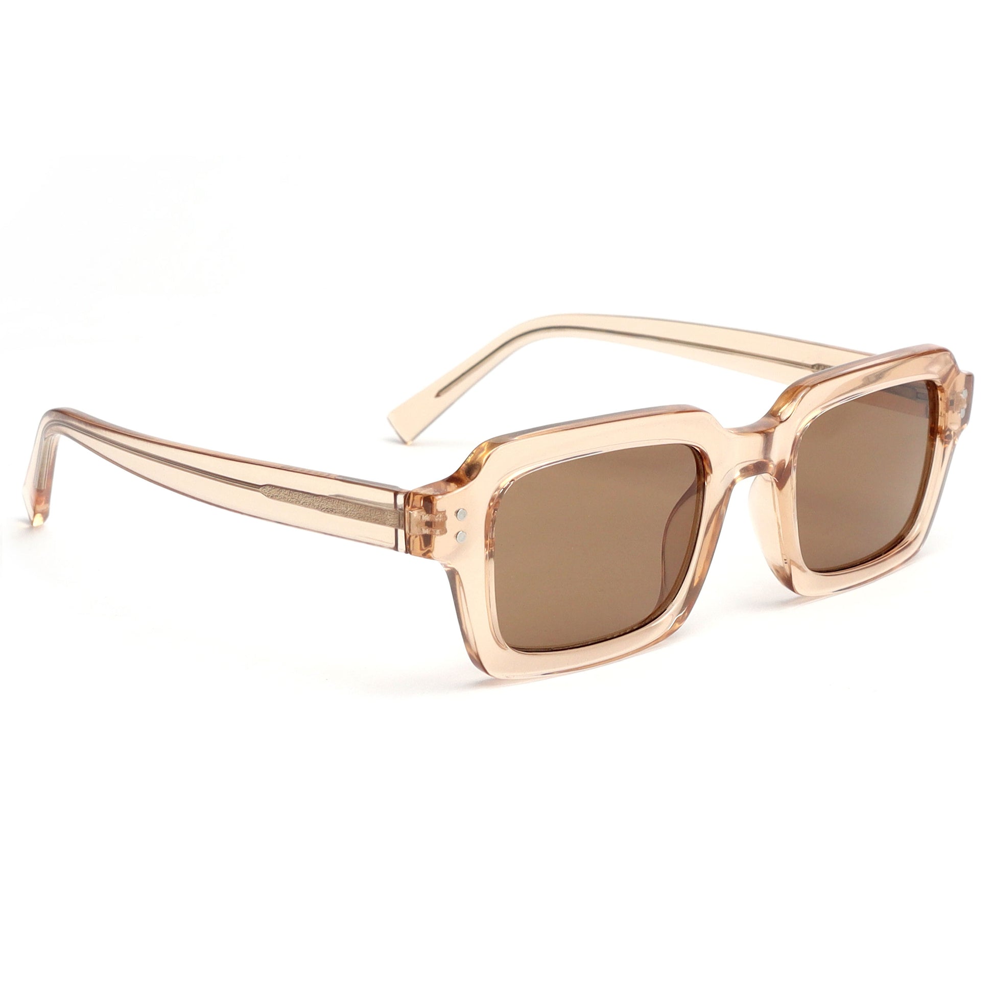 Sunglasses with a pink frame and brown lenses on a white background