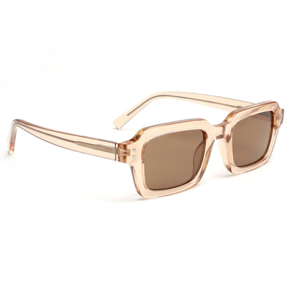 Sunglasses with a pink frame and brown lenses on a white background
